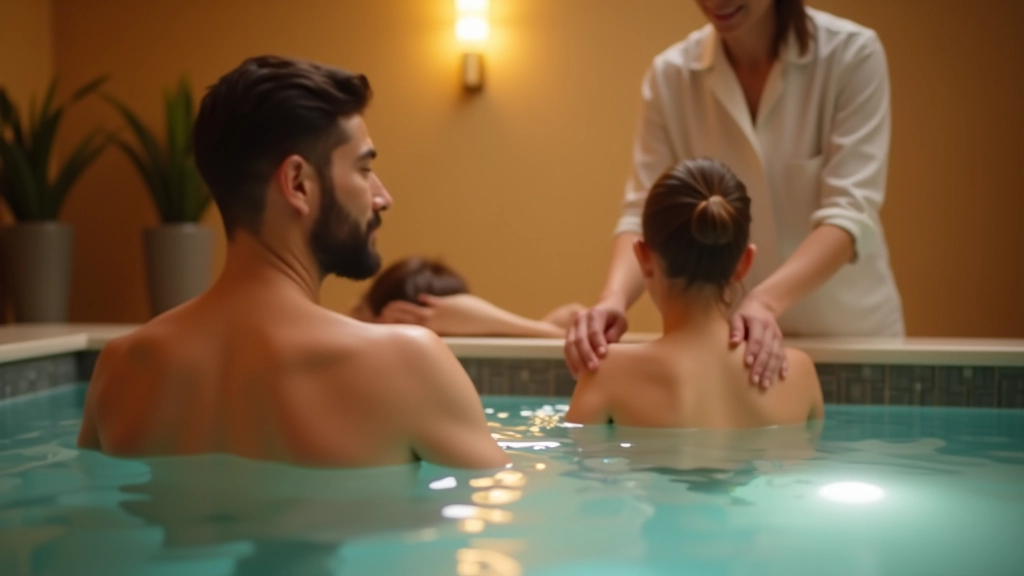 Rodina užívající si relaxaci v termálním bazénu s masérem poskytujícím léčebné procedury