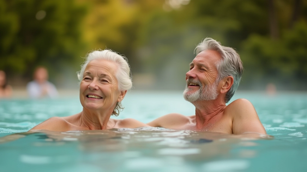Senior muž a žena v teplé vodě, obě se usměvají a relaxují