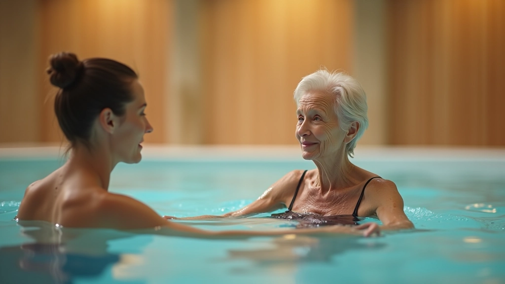 Starší žena provádějící rehabilitační cvičení v termálním bazénu s fyzioterapeutem