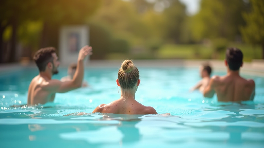 Skupina lidí provádějící aqua aerobik v teplém bazénu, instruktor vede skupinu