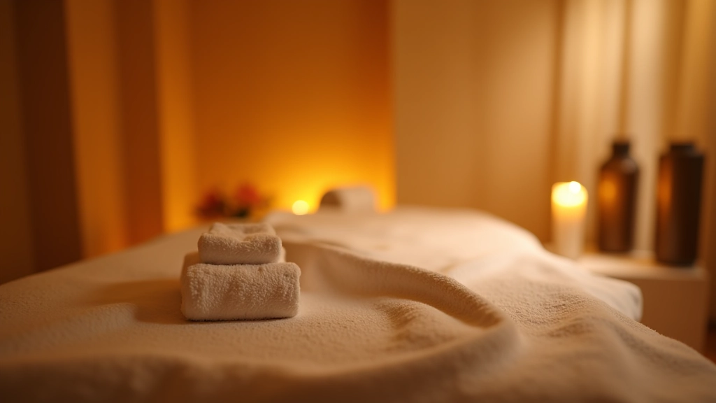 Wellness prostor s masážním lehátkem a relaxační atmosférou, tichá místnost s měkkým osvětlením